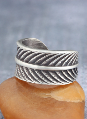 复古羽毛叶子戒指可调节925纯银