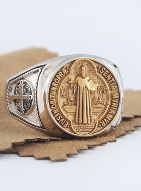 复古男款圣本笃圣章925纯银戒指