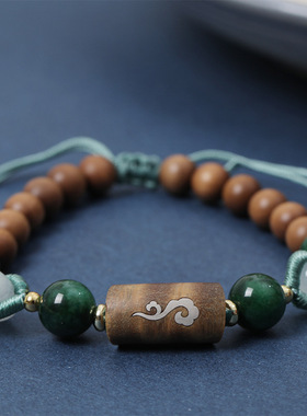 老山檀香云如意手串绿檀木镶嵌如意云手链复古小众女手串厂家批发
