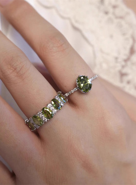 法式复古显白橄榄绿锆石戒指女轻奢高级感食指戒优雅闪耀精致