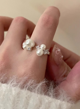 法式小众设计感珍珠锆石开口戒指女时尚个性轻奢高级感食指戒指