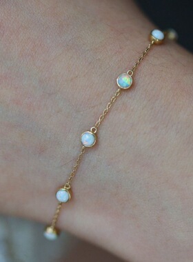 925纯银镀14K金色7颗欧泊手链女生复古轻奢小众设计高级ins手