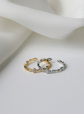 S925纯银镀金镶钻几何开口戒指女设计小众素圈高级感轻奢指环