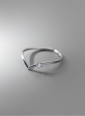 日韩版简约单圈V形镶钻戒指夏季女式气质开口手指环戒指