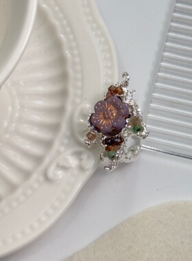 新中式新款欧美宫廷复古戒指森系花朵绿捷克珠指环