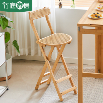 Foldable Bar Chair Home Modern Minima High Footstool Solid Wood Bar Chair Restaurant Day Style Rattan Chic Backrest Chair