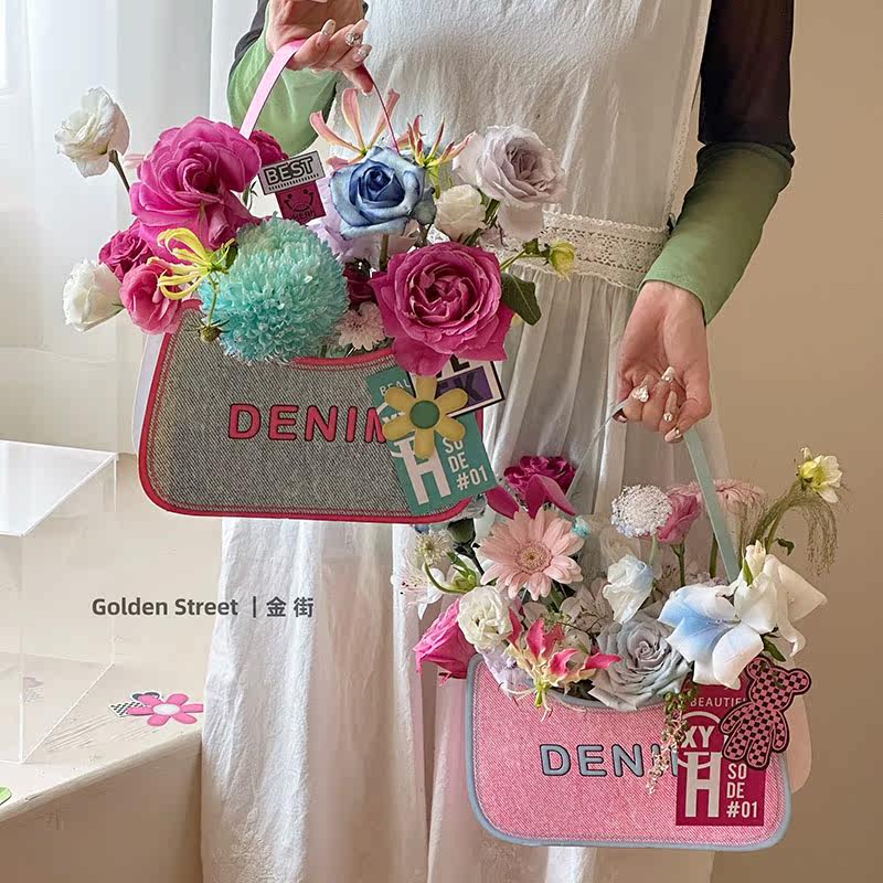 花束包装 丹宁牛仔包情人节玫瑰复古风鲜花手提礼盒插花diy包花盒,淘宝优惠券,粉丝福利购,淘宝优惠卷