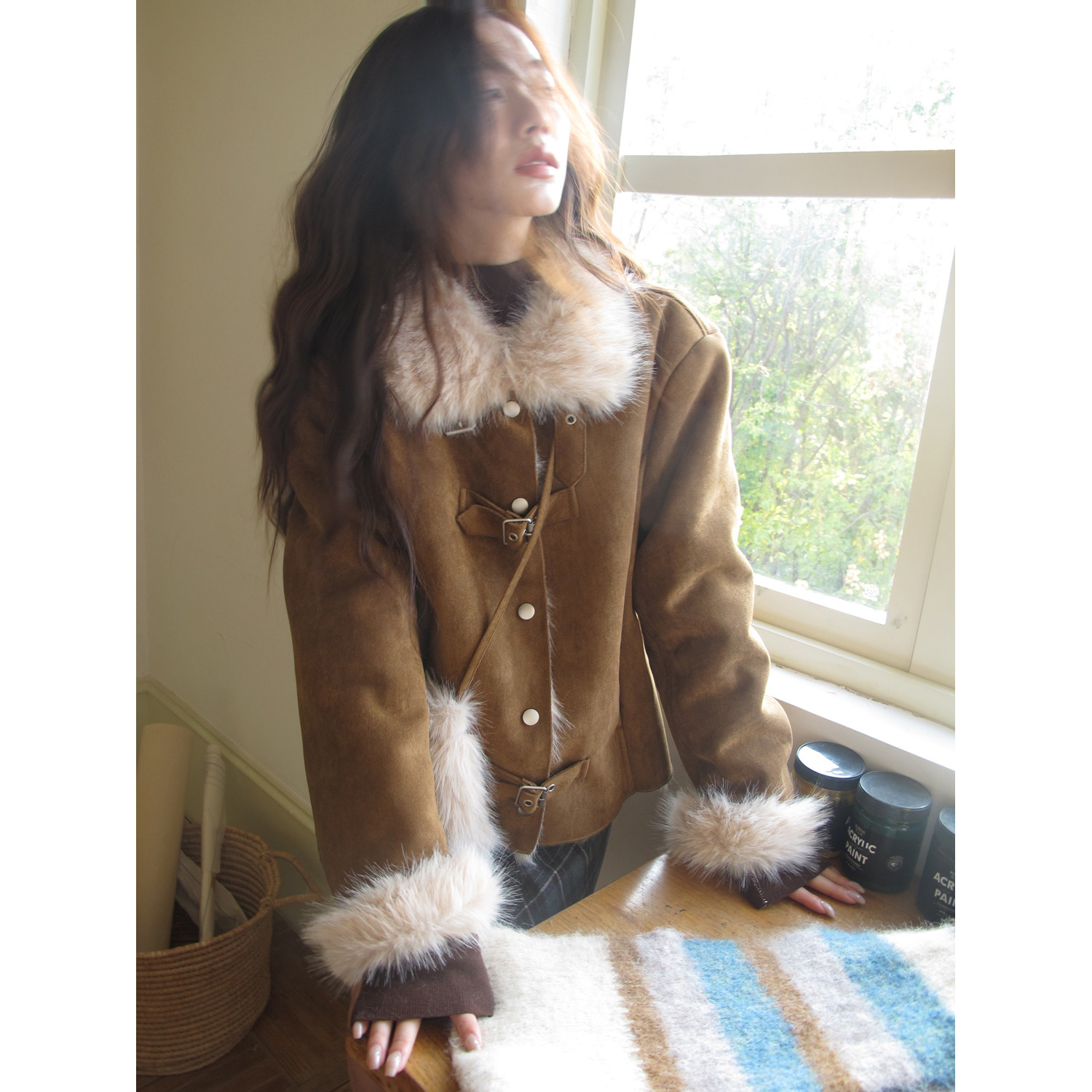 大于诗集 黄昏贝斯特 美式复古立领PU麂皮绒皮毛一体外套女短外套,淘宝优惠券,粉丝福利购,淘宝优惠卷