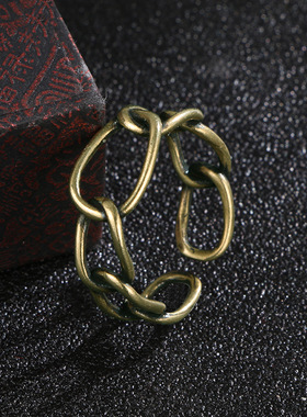 新款跨境韩版做旧复古铜链条戒指