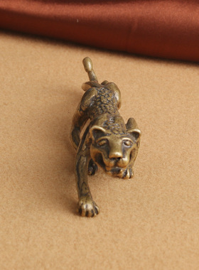 复古典藏国风艺术黄铜摆件古法手工匠作金钱猎豹子笔搁笔架文玩礼