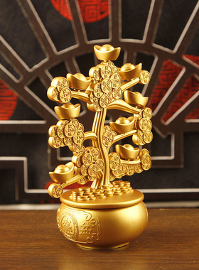 新款合金属沙金色聚宝盆摇钱树转转摆件元宝转转招财发财树桌装饰