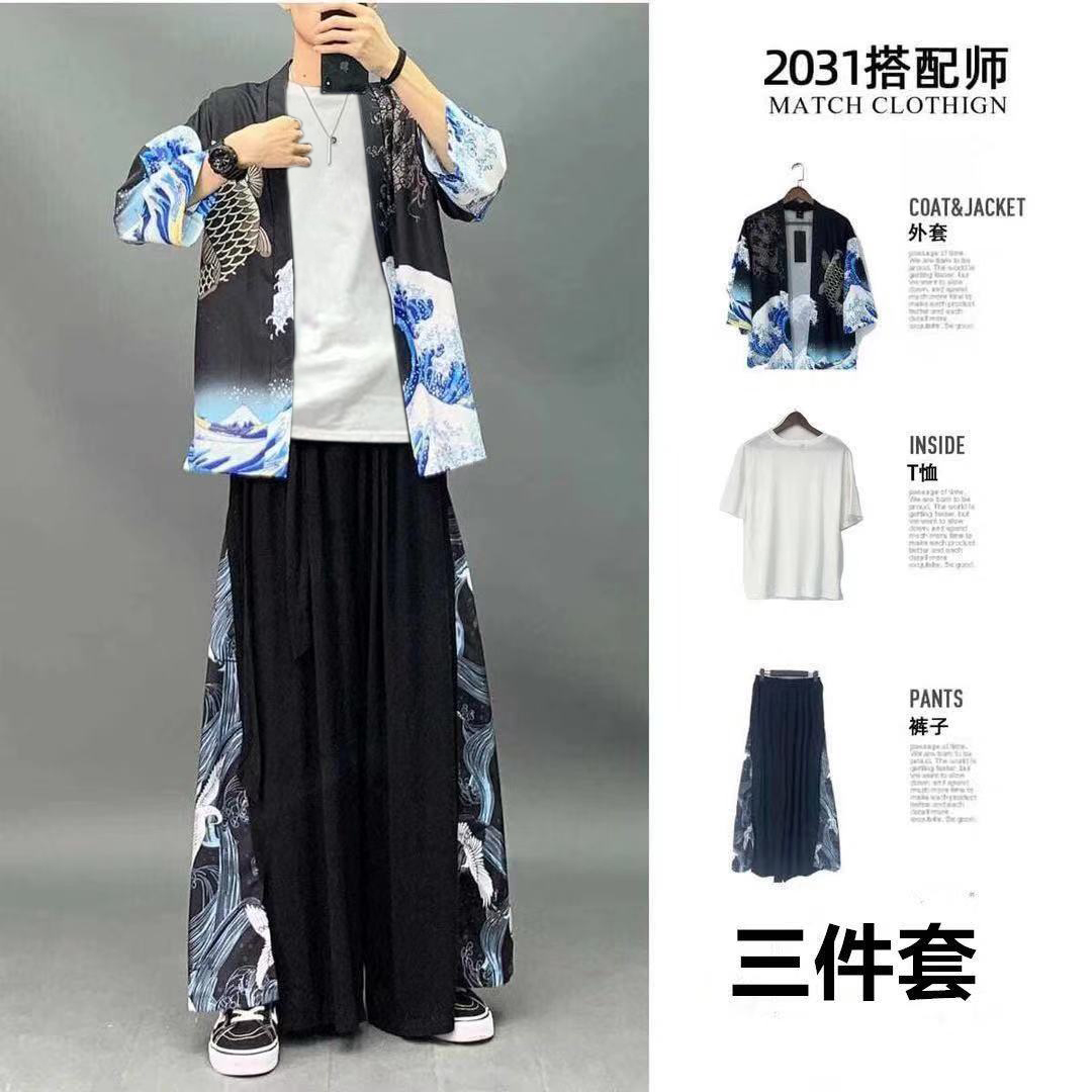 三件套2021夏季新款男士汉服中国风古风仙气道袍唐装网红套装古装 - 图1