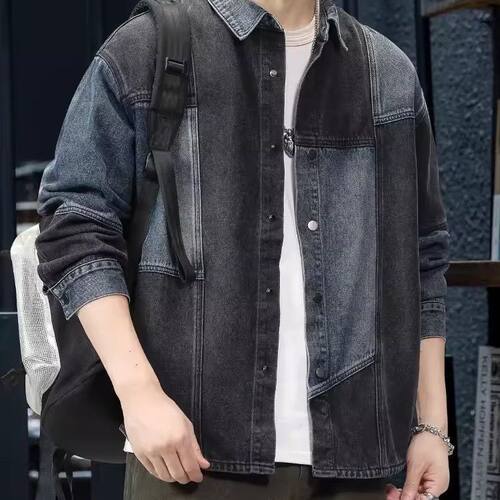 秋季蓝黑拼接潮流新款衬衣外套男款潮牌春秋上衣牛仔衬衫男长袖12 - 图1