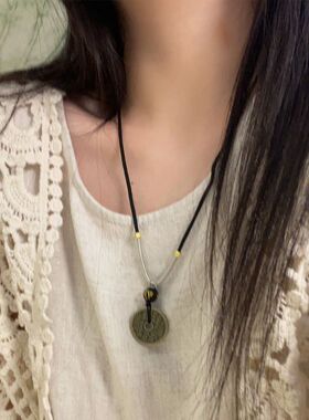 禅意新中式铜钱长款古风情侣项链
