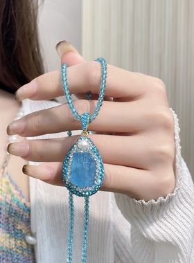 正品天然海蓝宝原石吊坠项链