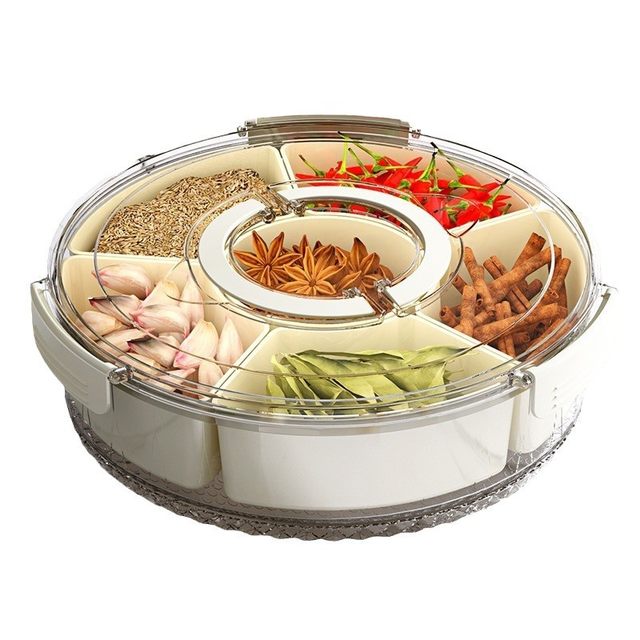 Portable six-part sealed spice box kitchen transparent dried fruit snack plate rotatable fruit nut storage box