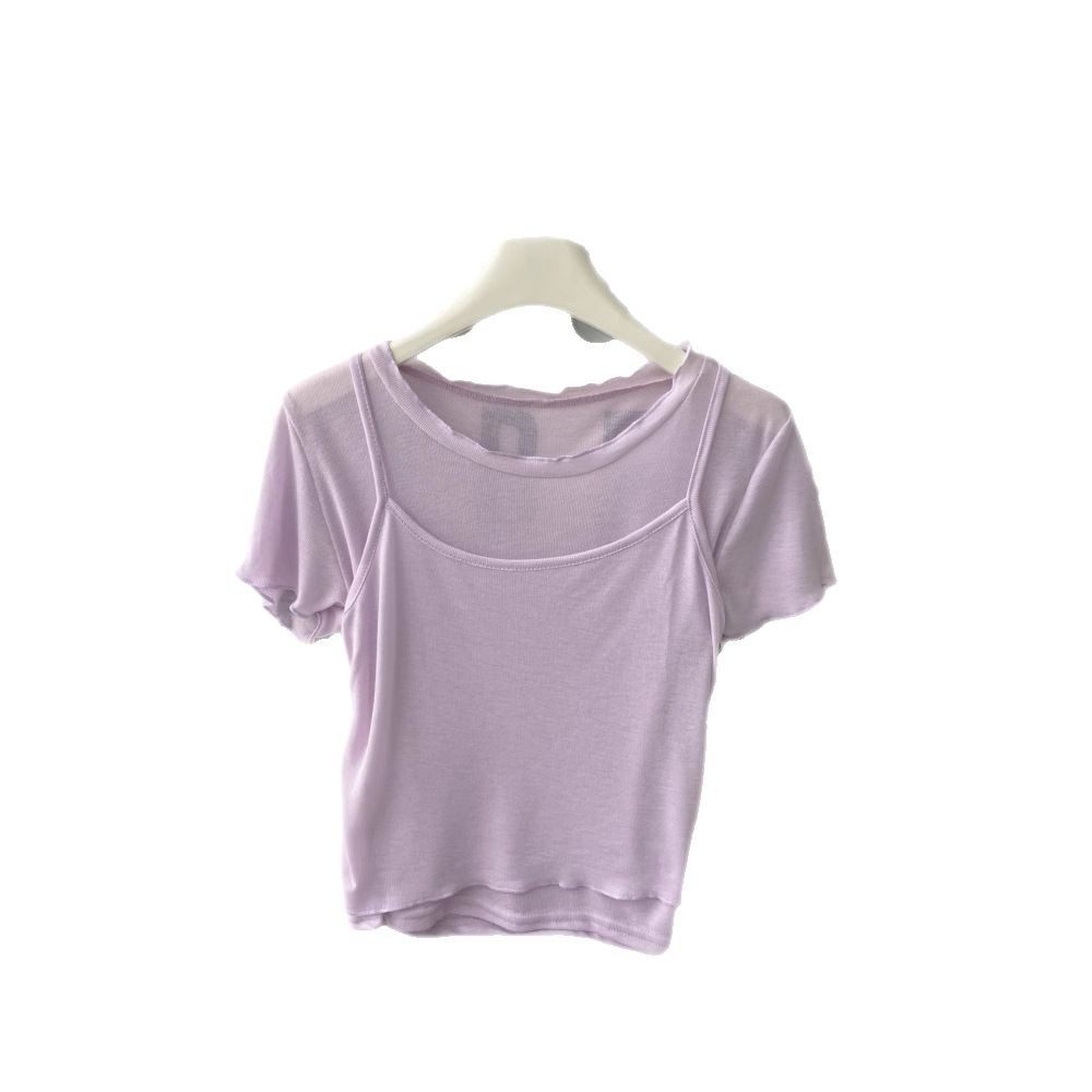 2025薄款圆领短款短袖t恤衫+无袖吊带背心两件套 纯色上衣套装女,淘宝优惠券,粉丝福利购,淘宝优惠卷