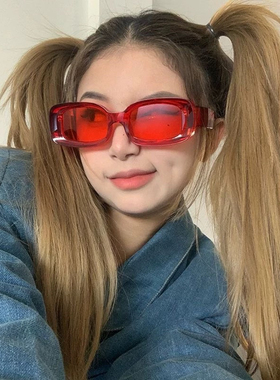 赛博朋克y2亚风红色果冻色墨镜蹦迪蓝绿框透明厚框方形显脸小眼镜