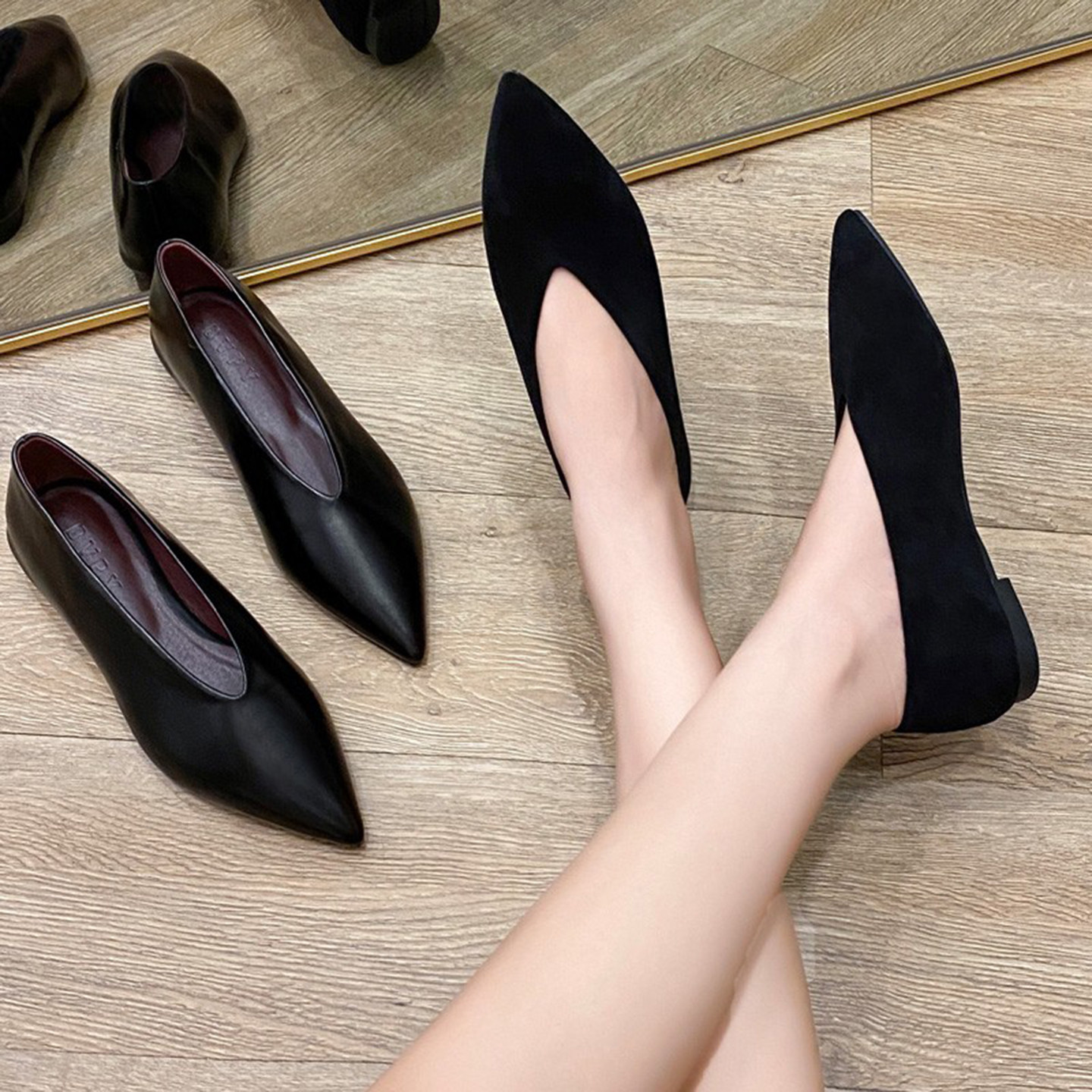 复古鞋子女2025新款v口尖头单鞋女羊皮奶奶鞋低跟百搭船鞋平底鞋,淘宝优惠券,粉丝福利购,淘宝优惠卷