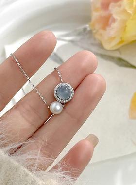 S925纯银法式轻奢海蓝宝淡水珍珠项链女简约精致高级感温柔锁骨链