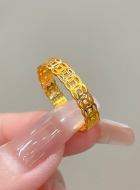 沙金镂空铜钱花戒指财源滚滚