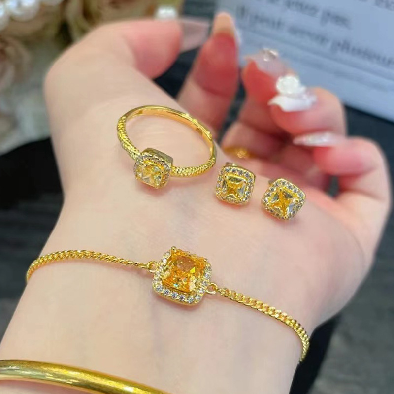 s925纯银小方糖黄钻戒指女黄金色黄水晶食指戒时尚轻奢高级感手饰 - 图2