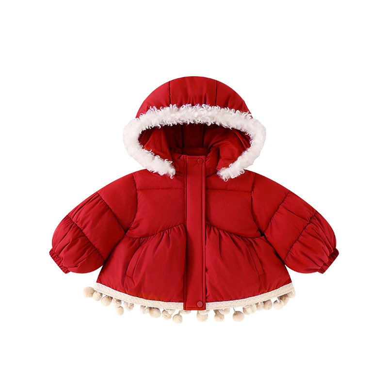女宝宝羽绒服可爱保暖冬季连帽毛领拼接球球生日新年女童棉服外套 - 图3