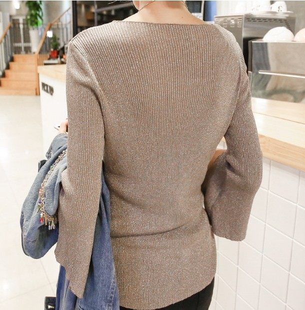 亏本清仓价~冰丝针织衫女一字领亮丝喇叭袖修身上衣一字肩打底衫,淘宝优惠券,粉丝福利购,淘宝优惠卷