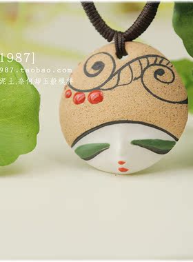 陶瓷饰品手绘复古娃娃脸项链吊坠