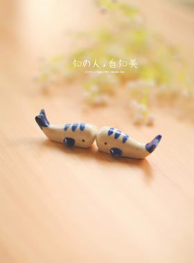 工艺田园风蓝色陶瓷手绘条纹摆件