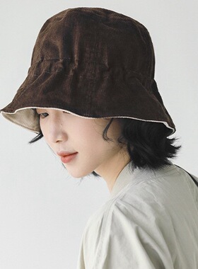 双面戴日系简约灯芯绒纯色渔夫帽女秋冬显脸小复古文艺百搭盆帽子