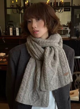 针织毛线围巾女秋冬保暖纯色加厚仿羊绒韩系复古麻花毛线围脖工厂