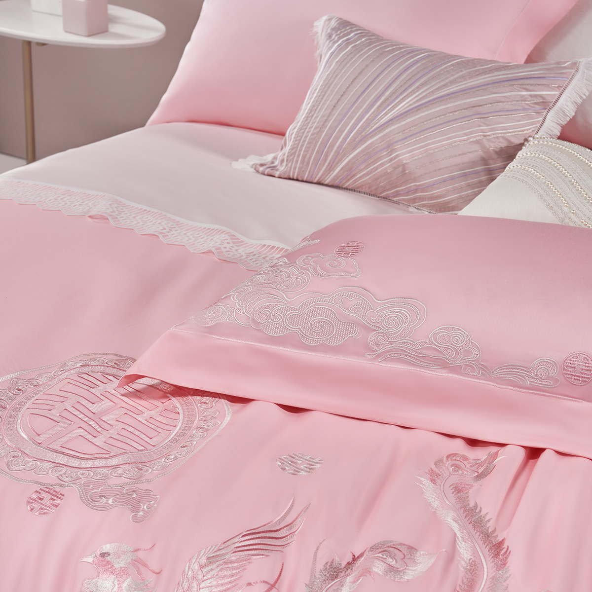 水星家纺全棉四件套婚庆纯棉婚嫁套件粉色床单被套新婚床上用品
