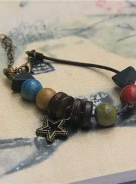 波西米亚风串珠皮质古铜色手链