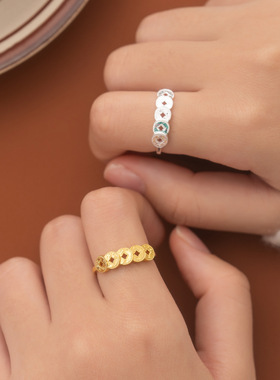 s925纯银钱多多来财铜钱戒指新中式国潮碎碎冰五帝币时尚CNC指环