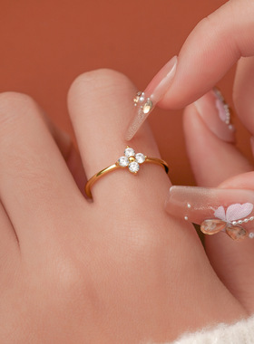 s925纯银四叶草锆石细戒指小众设计镀18k金时尚微镶百搭精致指环