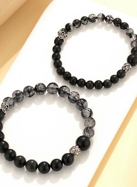 巴度新品黑曜石串珠情侣手链百搭感原创黑发水晶手串首饰