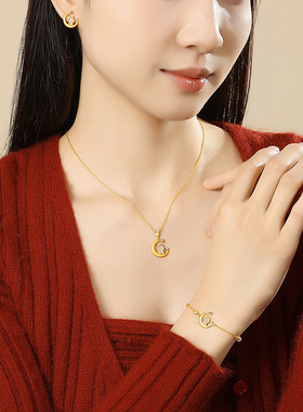 原创星月萌马项链女纯银小众设计新中式古法金和田玉吊坠马年项饰