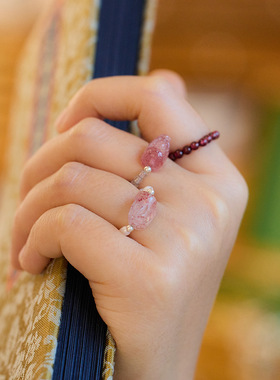 天然碧玺貔貅戒指淡水珍珠石榴石水晶弹力好运桃花来气质戒子