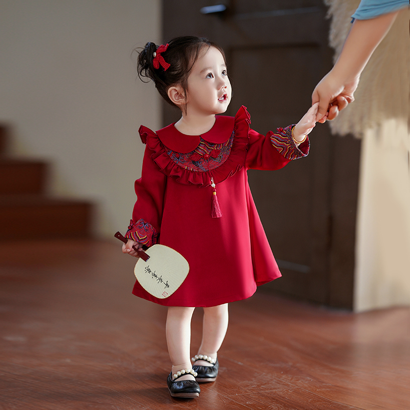 周岁女宝礼服秋冬中式抓周过年喜庆婴儿拜年服新年衣服女童公主裙
