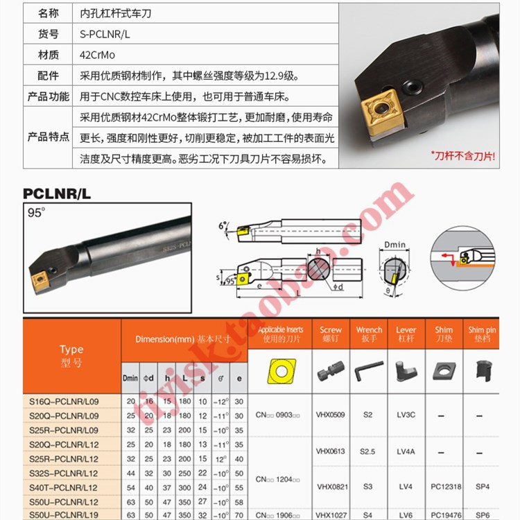 95度P型杠杆式内孔车刀S20Q/25R/32S-PCLNR/L12无压板菱形内孔刀 - 图0