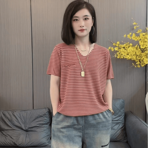 加肥加大码女装慵懒风条纹短袖t恤女夏季欧货宽松显瘦休闲上衣潮 - 图3
