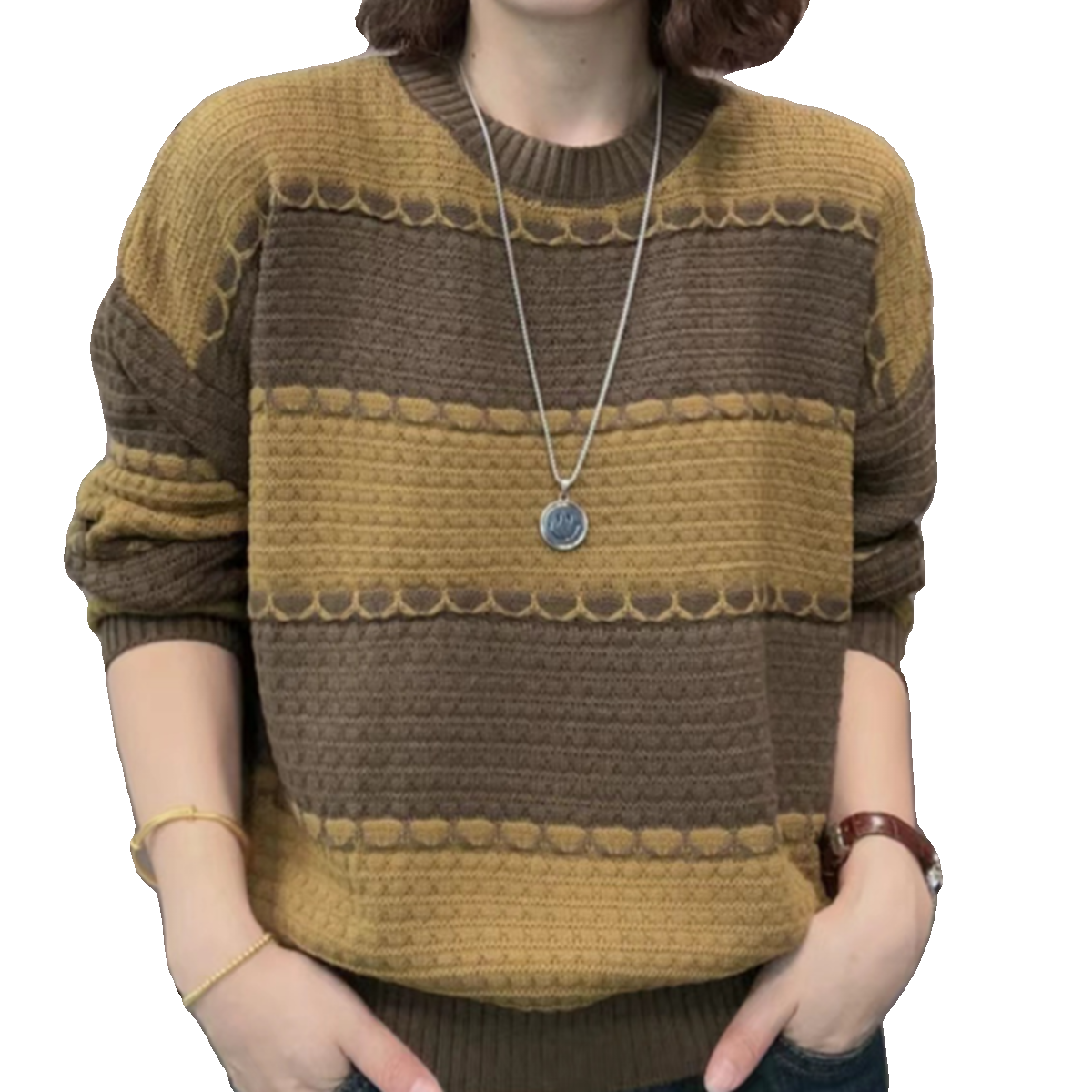 宽松显瘦【80-200斤】撞色宽条纹毛衣女冬外穿遮肚藏肉上衣打底衫,淘宝优惠券,粉丝福利购,淘宝优惠卷