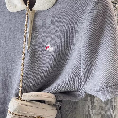 超好看可爱小狗刺绣POLO领短袖T恤女夏大码胖MM纽扣套头针织上衣 - 图2