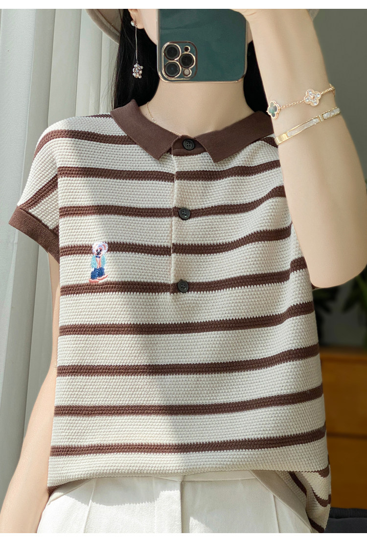 大码女装撞色Polo领小熊刺绣短袖T恤减龄宽松显瘦薄款针织上衣薄,淘宝优惠券,粉丝福利购,淘宝优惠卷