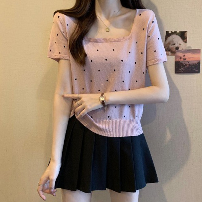 大码黑色波点方领正肩针织短袖t恤女夏季夏设计感小个子短款上衣 - 图1