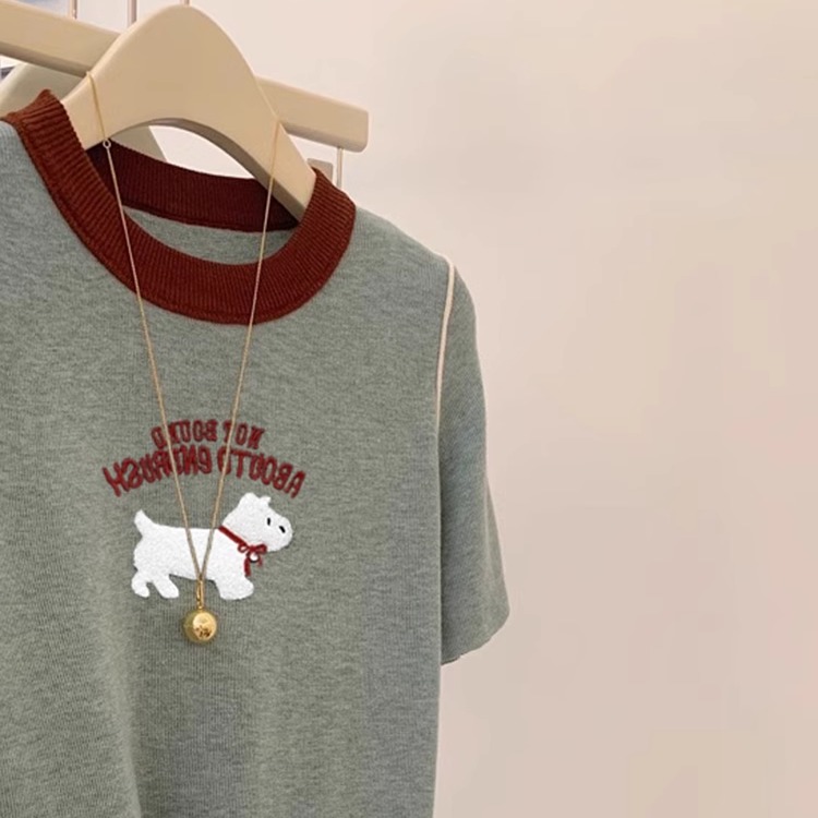 大码女装可爱小狗刺绣圆领短袖T恤女夏季宽松显瘦减龄正肩上衣潮 - 图3