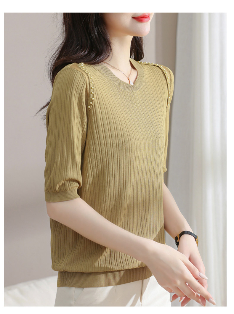 大码女装轻奢风冰丝针织短袖女夏钉珠设计感上衣宽松五分袖T恤衫,淘宝优惠券,粉丝福利购,淘宝优惠卷