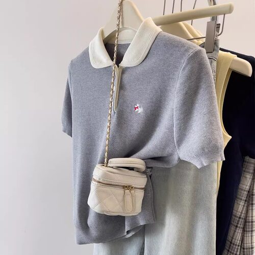 超好看可爱小狗刺绣POLO领短袖T恤女夏大码胖MM纽扣套头针织上衣 - 图3