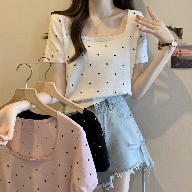 大码黑色波点方领正肩针织短袖t恤女夏季夏设计感小个子短款上衣 - 图0